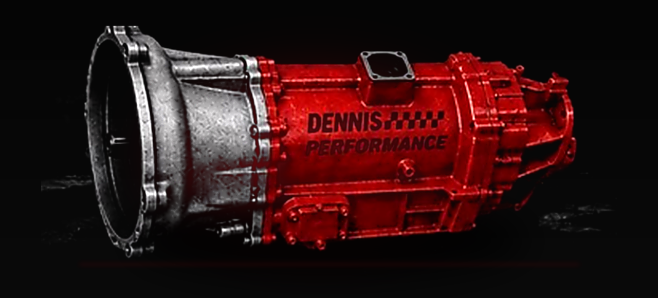 Dennis Performance branded red and silver manual transmission