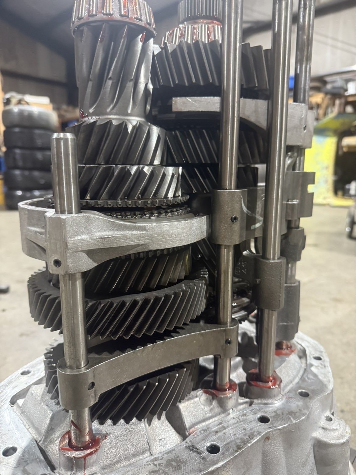 Close-up of transmission gears and rails