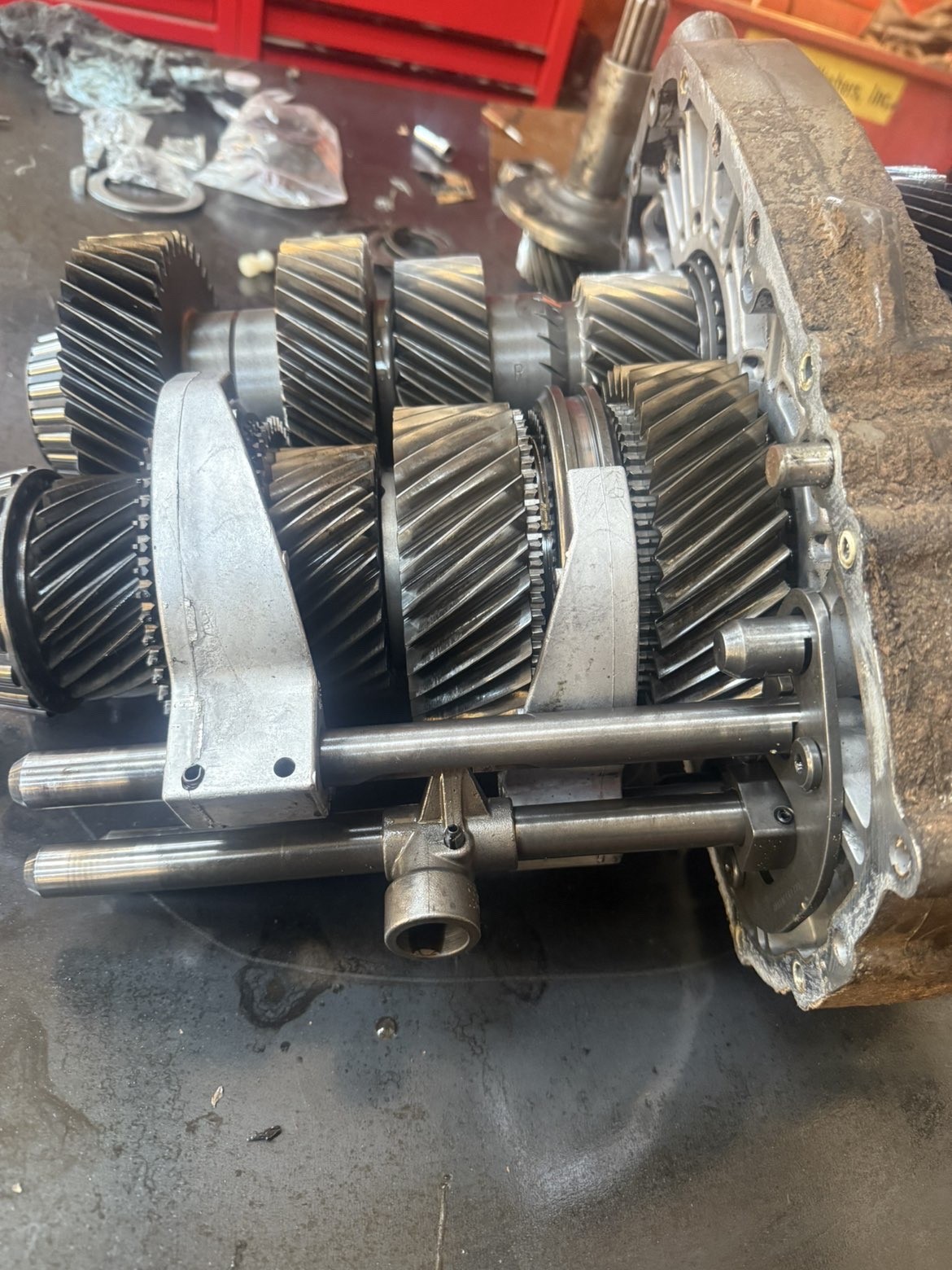 Transmission gear cluster on bench