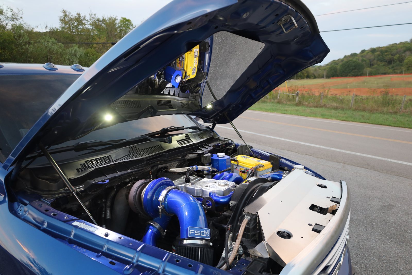 Blue Ram engine bay with custom turbo setup